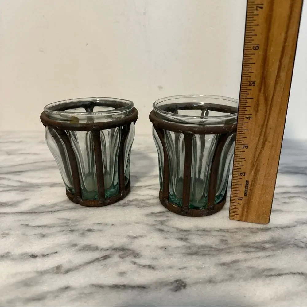 Rustic caged bubble Glass votive Candle Holders vintage brutalist